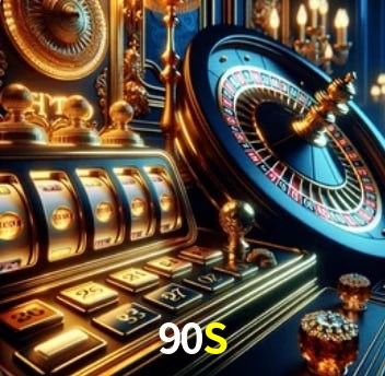 Una escena digital vívida inspirada en casino con 90S mostrado prominentemente, luces brillantes, fichas, cartas y acentos dorados.