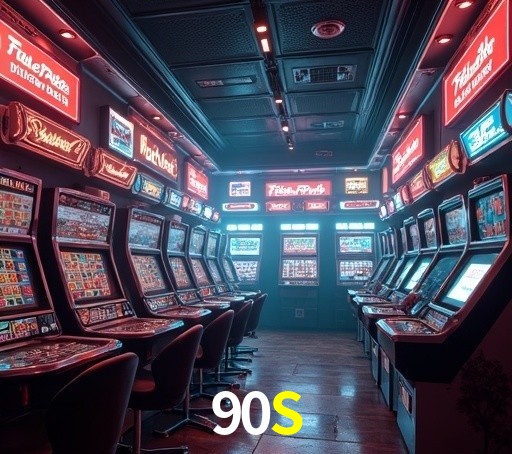 Escena dinámica inspirada en casino con iluminación 90S, cartas, fichas e íconos de juegos digitales en un espacio moderno de juegos.