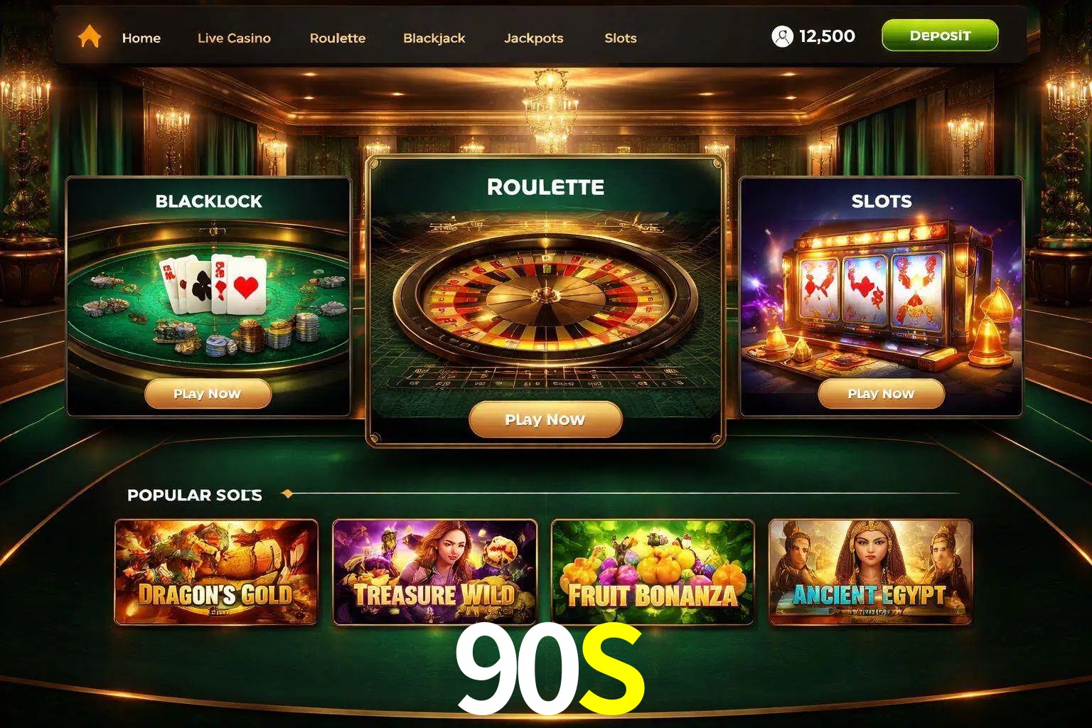 Vista de la plataforma 90S Casino mostrando categorías organizadas de juegos en línea