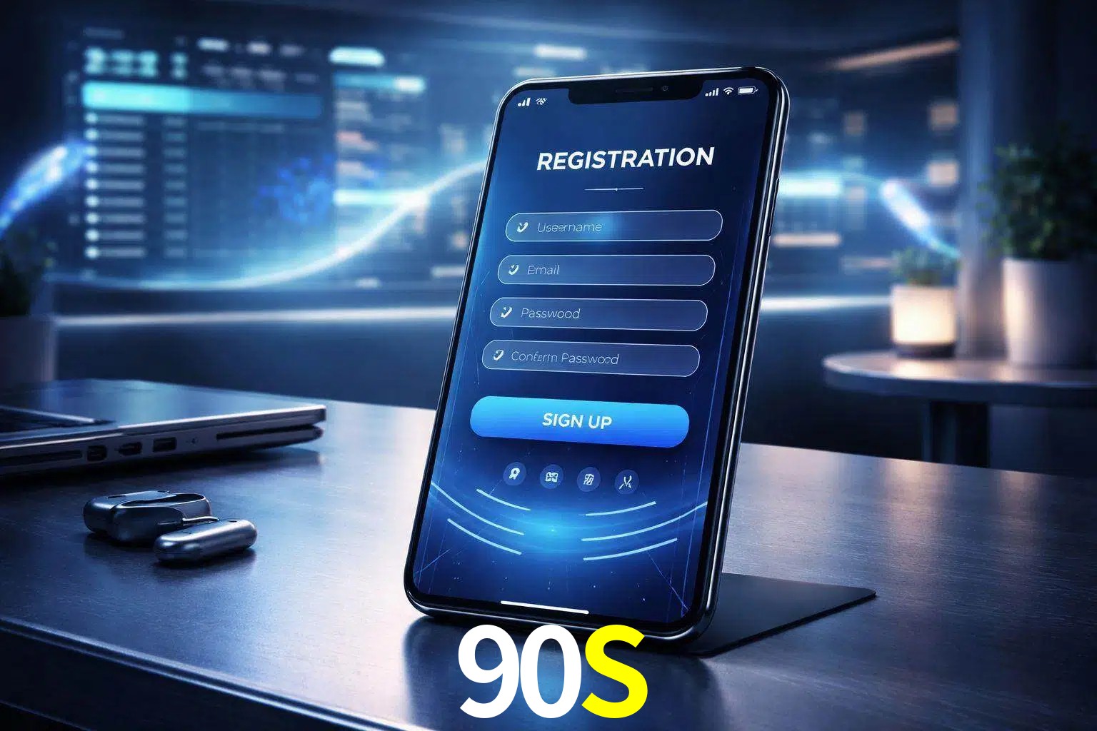 Una interfaz moderna de registro móvil para 90S mostrada en un smartphone con un panel de apuestas elegante.